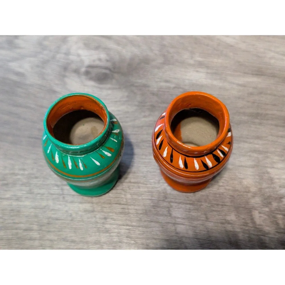 Vintage Hand Painted Miniature Pottery Vases Set of 2 Green Orange Folk Art 3